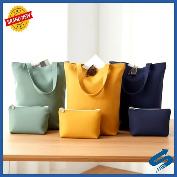 Reusable Tote Bags and Makeup Pouches Set Polyester Cotton Travel Organizer